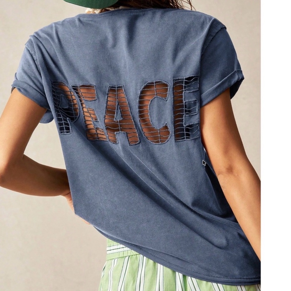 Vintage Wash Blue Peace Cut Out Short Sleeve Top - Size Large NWT - Picture 4 of 5